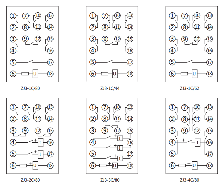 ZJ3-4C/80快速中间继电器内部接线图及外引接线图(正视图)